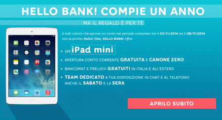 Hello bank Hello One ipad mini in regalo